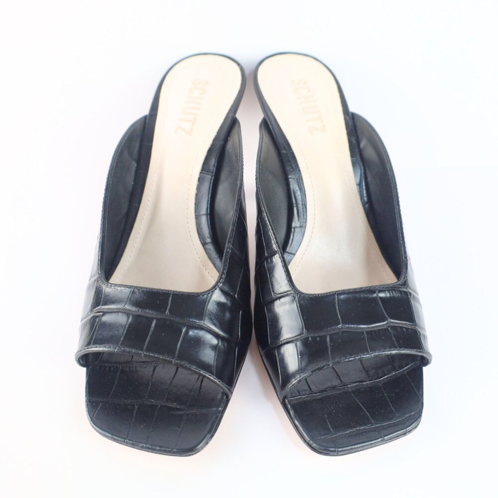 Schutz Womens Agape Croc Leather Slip On Heels Sandals Black 8 Medium- 0141 - Picture 4 of 14